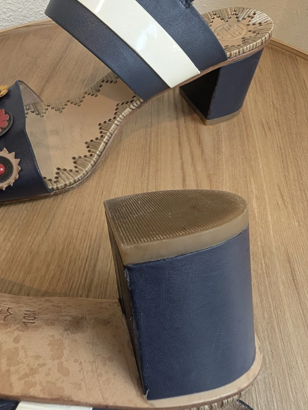Tory Burch Navy and White Floral Appliqué Block Heel Sandals